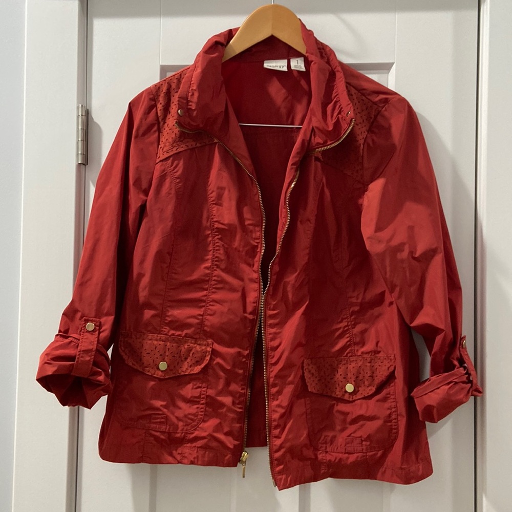 Zenergy Chico's Size 1 Burnt Orange Tab Sleeve Jacket gold hardware EUC